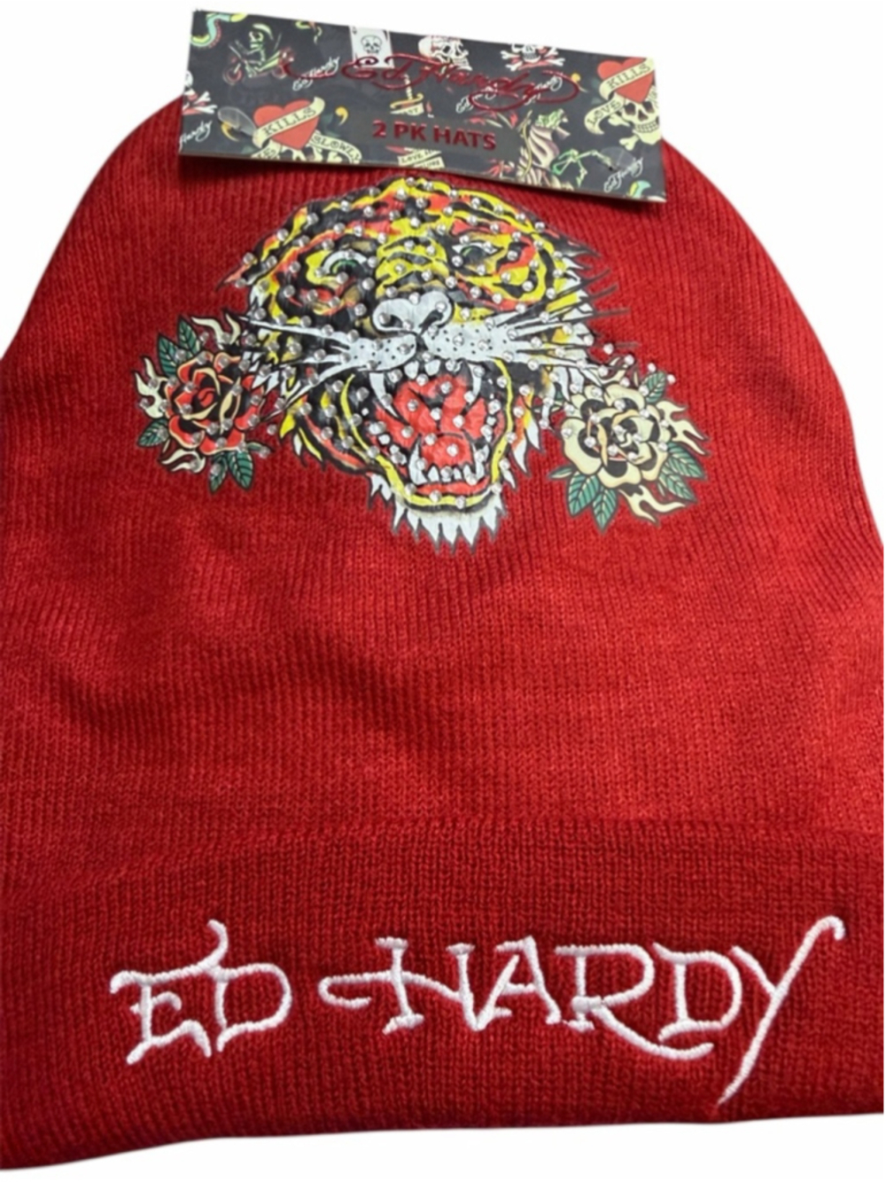 Ed Hardy Beanie Set 2 Red Tiger and Black Skull Graphic Hat NWT Y2K